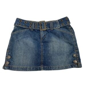 Womens‎ Jean Skirt Junior 3 Hipster Mini Grommet Belt Blue Y2K Medium Wash Denim